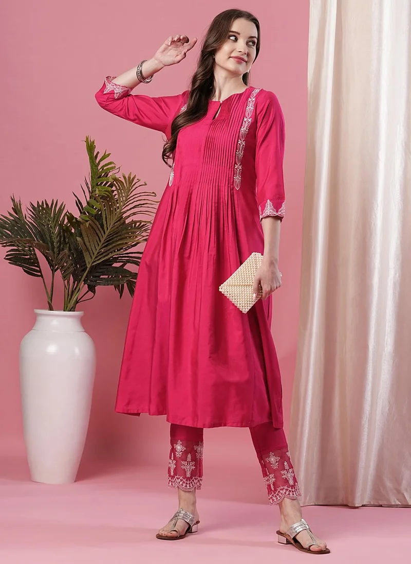globus Globus Women Embroidered & Pleated Yoke Calf Length A-Line Kurta With Trousers Festive Set