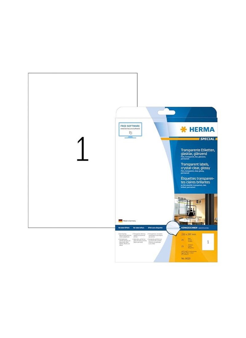Herma Self Adhesive Clear Heavy Duty Weatherproof Labels, 1 Label Per A4 Sheet, 25 Labels For Laser Printers, 210 x 297 mm (8020)  - Image 1
