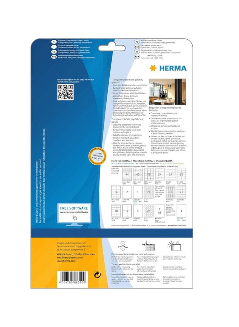 Herma Self Adhesive Clear Heavy Duty Weatherproof Labels, 1 Label Per A4 Sheet, 25 Labels For Laser Printers, 210 x 297 mm (8020)  - Image 2