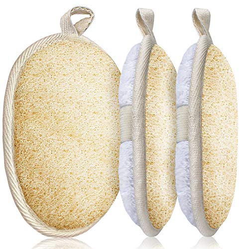 Sysmie 3 Packs Exfoliating Loofah Sponge Pads,Large 5”x 7”-100% Natural Luffa and Terry Cloth Materials,Premium Loofa Sponge Scrubber Body Glove Close Skin for Men and Women,Perfect for Bath Spa and Shower - Image 1