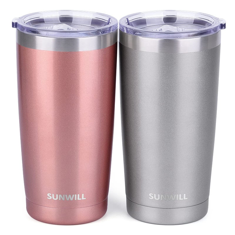 SUNWILL Travel Coffee Mug Set of 2, 20 oz Tumbler with Lid, Insulated Stainless Steel Cup for Water, Tea, Ice, Rose Gold & Cool Grey - Image 1