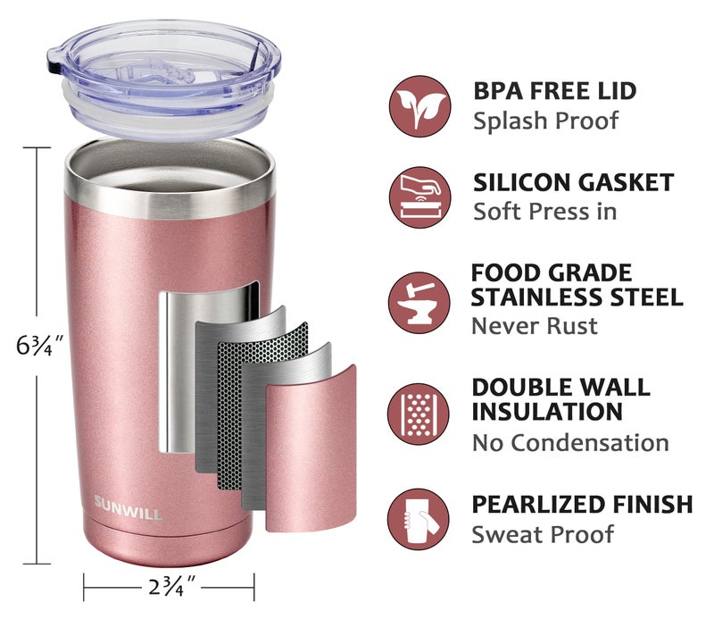 SUNWILL Travel Coffee Mug Set of 2, 20 oz Tumbler with Lid, Insulated Stainless Steel Cup for Water, Tea, Ice, Rose Gold & Cool Grey - Image 2