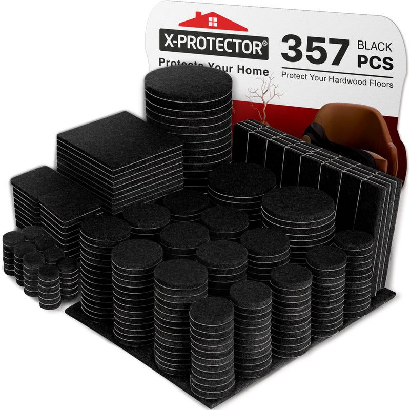X-Protector 357 Pcs Black Felt Furniture Pads - Huge Quantity of Anti-Scratch, Heavy Duty Floor Protectors for Hardwood, Tile, Laminate - Suitable for Chairs, Tables, Sofa, Bed, Cabinet, Ottoman - Image 1