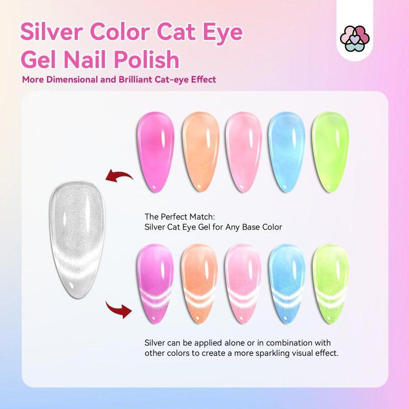 SAVILAND 15ml Glitter Silver Glassy Cat Eye Gel Nail Polish Castor Oil Vitamin E: Glazed Cateye Gel Polish Soak Off U V LED Reflective Shining Magnetic Nail Polish Art Magnet Home DIY Nail Salon - Image 2
