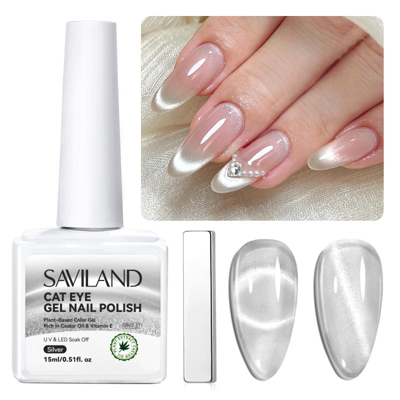 SAVILAND 15ml Glitter Silver Glassy Cat Eye Gel Nail Polish Castor Oil Vitamin E: Glazed Cateye Gel Polish Soak Off U V LED Reflective Shining Magnetic Nail Polish Art Magnet Home DIY Nail Salon - Image 1