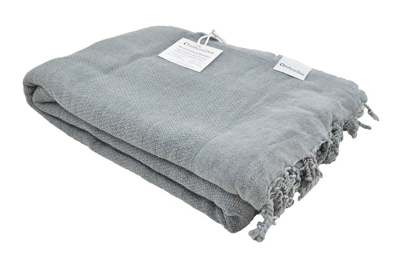 InfuseZen Stonewashed Turkish Throw Blanket - 100% Organic Turkish Cotton - 80" x 48" - Soft, Lightweight, Cozy - for Love Seat, Sofa, Picnic, Yoga - Sand Free Absorbent Beach Blanket - Denim - Image 1