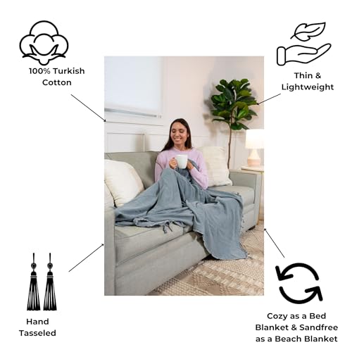InfuseZen Stonewashed Turkish Throw Blanket - 100% Organic Turkish Cotton - 80" x 48" - Soft, Lightweight, Cozy - for Love Seat, Sofa, Picnic, Yoga - Sand Free Absorbent Beach Blanket - Denim - Image 2