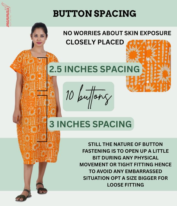 MENMAII Women's [L-4XL] Full Open /Front Buttoned [a kind of Adaptive Clothing]Multipurpose Nighty for Maternity/Pregnancy /Elderly /Patient/Feeding /Hospital Purpose Nighty(MangoYellow Batik XL/ Calf Length - Image 2