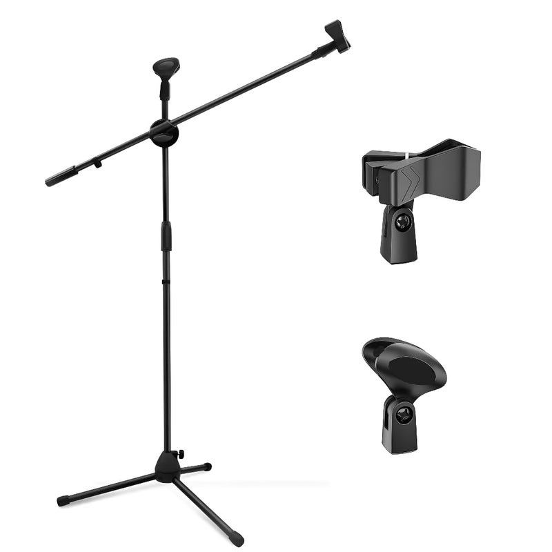 Powerpak MS-1001 3 Leg Boom Dual Microphone Stand with Dual Mic Clip Holders | for Studio Recording, Speech, Stage,Outdoor Activities (Black) - Image 1