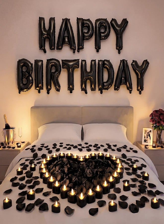 Charnoel Black Happy Birthday Balloons Decorations Happy Birthday Letter Balloons Banner Set with 24pcs Heart Flameless LED Candles and 2000pcs Artificial Rose Petals for Women Men Room Party Decor - Image 1