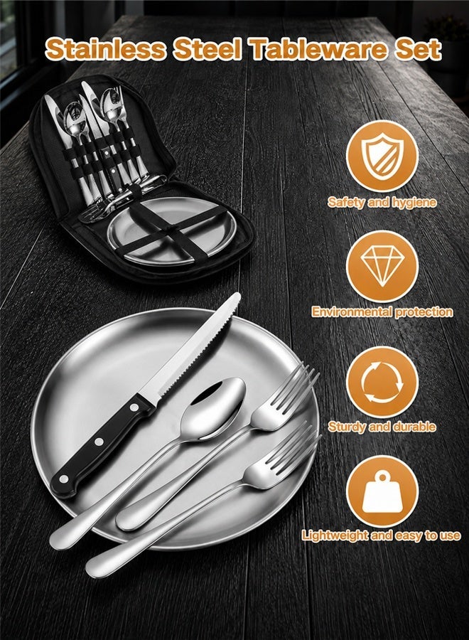 Ammar Space 10 Pcs Stainless Steel Camping Cutlery Set with Plate, Portable Picnic Tableware Set with Knife Fork Spoon Tongs and Storage Bag, Reusable Outdoor Utensils Set for Travel, BBQ, Camping, Picnic - Image 3