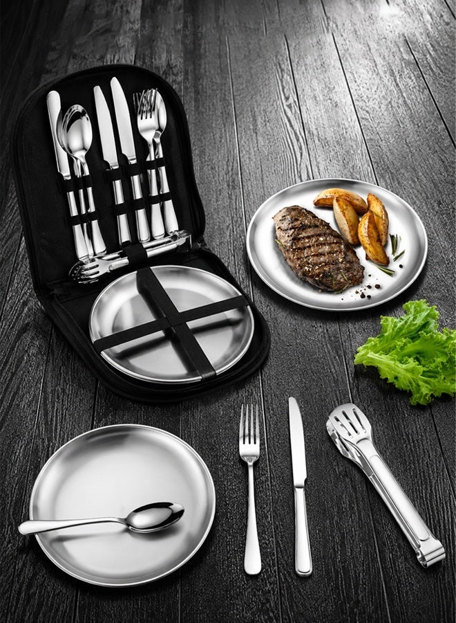 Ammar Space 10 Pcs Stainless Steel Camping Cutlery Set with Plate, Portable Picnic Tableware Set with Knife Fork Spoon Tongs and Storage Bag, Reusable Outdoor Utensils Set for Travel, BBQ, Camping, Picnic - Image 4