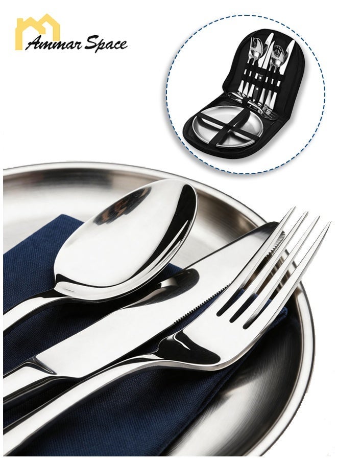 Ammar Space 10 Pcs Stainless Steel Camping Cutlery Set with Plate, Portable Picnic Tableware Set with Knife Fork Spoon Tongs and Storage Bag, Reusable Outdoor Utensils Set for Travel, BBQ, Camping, Picnic - Image 2