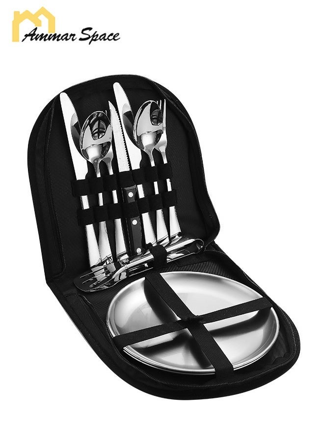 Ammar Space 10 Pcs Stainless Steel Camping Cutlery Set with Plate, Portable Picnic Tableware Set with Knife Fork Spoon Tongs and Storage Bag, Reusable Outdoor Utensils Set for Travel, BBQ, Camping, Picnic - Image 1