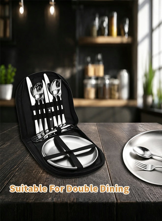 Ammar Space 10 Pcs Stainless Steel Camping Cutlery Set with Plate, Portable Picnic Tableware Set with Knife Fork Spoon Tongs and Storage Bag, Reusable Outdoor Utensils Set for Travel, BBQ, Camping, Picnic - Image 5
