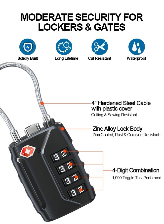 Tersely [2 Pack] TSA Approved Luggage Locks,4-Digit Security Suitcase Locks,Combination Padlock for Suitcases Flexible Cable Travel Lock(Black+Silver) - Image 3