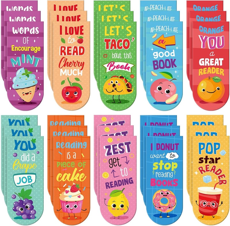 Fainne 30 Pieces Assorted Scented Magnetic Bookmarks Scratch and Sniff Fruit Food Theme Bookmarks Encouraging Sayings Bookmarks Cute Bookmarks for Kids, Students, Teens, 10 Styles (Sweet) - Image 1