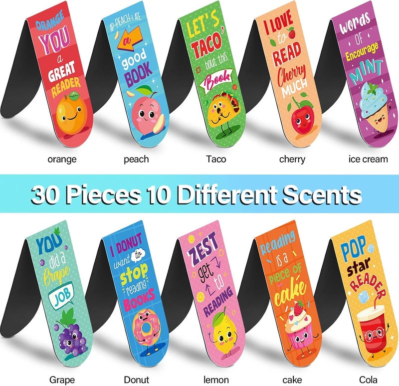 Fainne 30 Pieces Assorted Scented Magnetic Bookmarks Scratch and Sniff Fruit Food Theme Bookmarks Encouraging Sayings Bookmarks Cute Bookmarks for Kids, Students, Teens, 10 Styles (Sweet) - Image 3