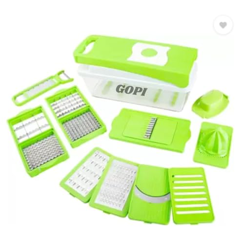 GOPI 14 in 1 Multipurpose Chopper, Fruits & Vegetable Cutters, Grater Peeler Chipser, Unbreakable Food Grade Body, Easy Push to Clean Button Slicer Dicer, Chopper for Kitchen (Green, Plastic) - Image 1