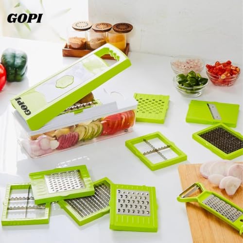 GOPI 14 in 1 Multipurpose Chopper, Fruits & Vegetable Cutters, Grater Peeler Chipser, Unbreakable Food Grade Body, Easy Push to Clean Button Slicer Dicer, Chopper for Kitchen (Green, Plastic) - Image 2