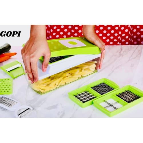 GOPI 14 in 1 Multipurpose Chopper, Fruits & Vegetable Cutters, Grater Peeler Chipser, Unbreakable Food Grade Body, Easy Push to Clean Button Slicer Dicer, Chopper for Kitchen (Green, Plastic) - Image 4