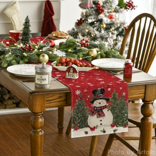 Artoid Mode Snowman Christmas Birds Trees Table Runner, Seasonal Winter Xmas Holiday Kitchen Dining Table Decoration for Indoor Outdoor Home Party Decor 13 x 72 Inch - Image 2