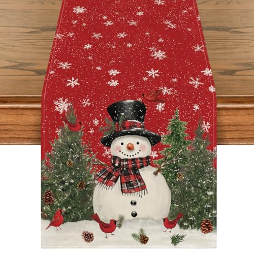 Artoid Mode Snowman Christmas Birds Trees Table Runner, Seasonal Winter Xmas Holiday Kitchen Dining Table Decoration for Indoor Outdoor Home Party Decor 13 x 72 Inch - Image 1