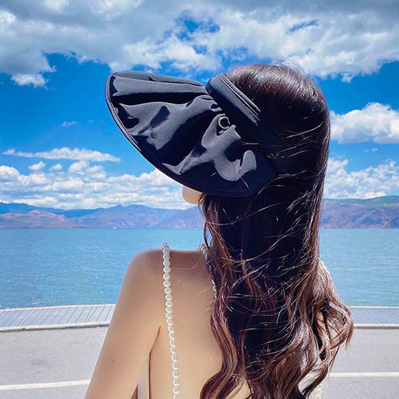 XYX Women's Sun Visor Foldable Sun Hat Wide Brim Summer UV Protection Beach Hat (A-Black) - Image 2
