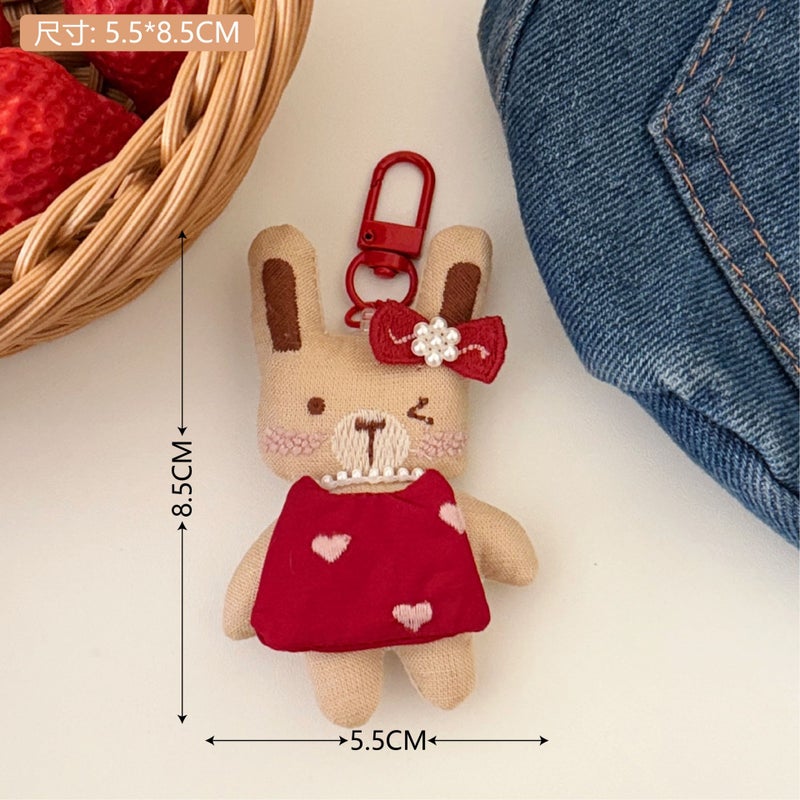 Cute cartoon pet keychain, soft and adorable 3D animal keychain, bag charm, accessory (red plush bunny)