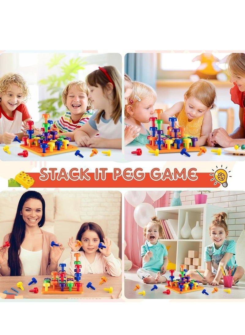 DURKU Montessori Peg Board Set Toy, Stackable Pegboard Game, Sorting & Stacking Games STEM Educational Toy, Color Matching & Shape Recognition Toy For Toddlers & Preschoolers Includes 30 Pegs and 1 Foam Board - Image 3