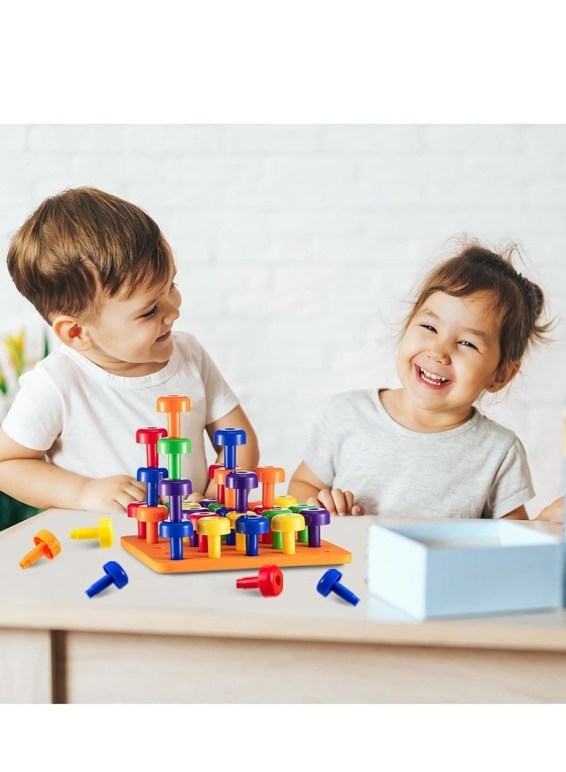 DURKU Montessori Peg Board Set Toy, Stackable Pegboard Game, Sorting & Stacking Games STEM Educational Toy, Color Matching & Shape Recognition Toy For Toddlers & Preschoolers Includes 30 Pegs and 1 Foam Board - Image 4