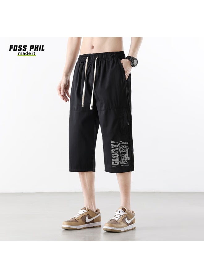 Foss Phil Men's Summer Thin Wide Leg Cropped Pants Casual All-match Printed Trendy Men's Pants Fpq01 Black 3XL - Image 3