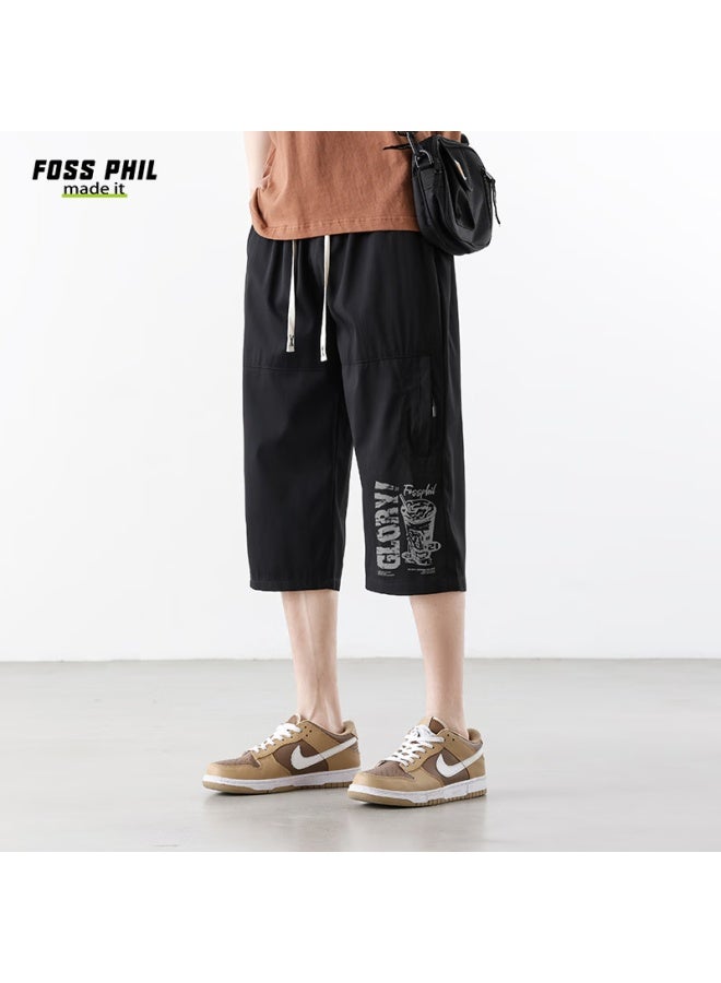 Foss Phil Men's Summer Thin Wide Leg Cropped Pants Casual All-match Printed Trendy Men's Pants Fpq01 Black 3XL - Image 2