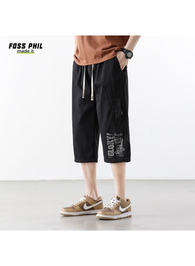 Foss Phil Men's Summer Thin Wide Leg Cropped Pants Casual All-match Printed Trendy Men's Pants Fpq01 Black 3XL - Image 5