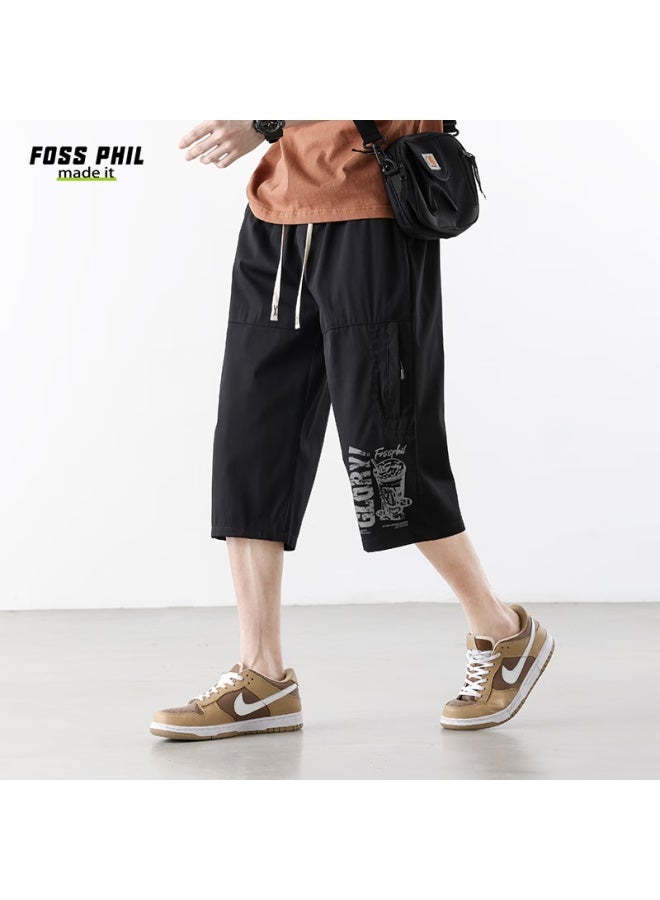 Foss Phil Men's Summer Thin Wide Leg Cropped Pants Casual All-match Printed Trendy Men's Pants Fpq01 Black 3XL - Image 4