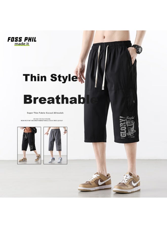 Foss Phil Men's Summer Thin Wide Leg Cropped Pants Casual All-match Printed Trendy Men's Pants Fpq01 Black 3XL - Image 1