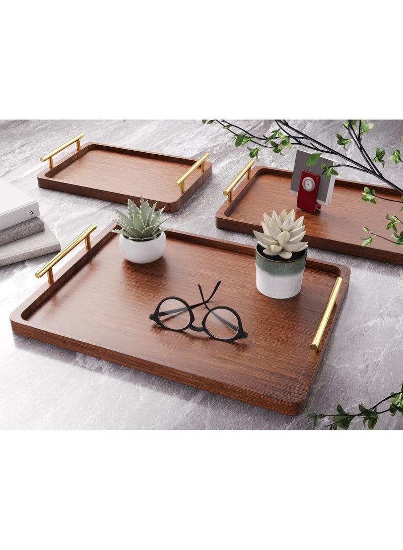 WALALLA Set of 3 Bamboo Serving Tray with Metal Handles, Ottoman Decorative Trays Platter for Eating Breakfast,Working,Storing and Party Brown - Image 3