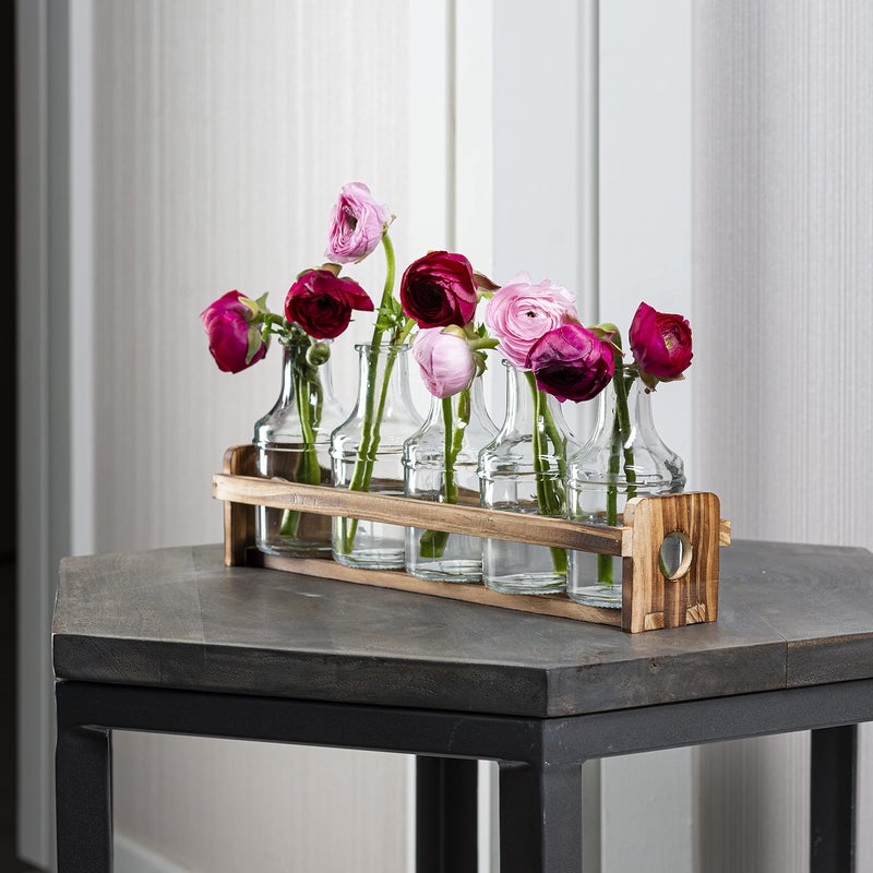 Le'raze Glass Flower Vase with Wooden Holder, Set of 6 Rectangular Bud Vases for Home Decor, Wedding, Mother's Day, Clear Glass, Metal Stand - Image 3