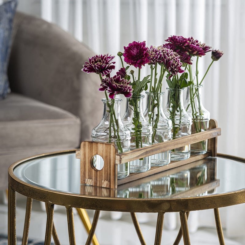 Le'raze Glass Flower Vase with Wooden Holder, Set of 6 Rectangular Bud Vases for Home Decor, Wedding, Mother's Day, Clear Glass, Metal Stand - Image 2