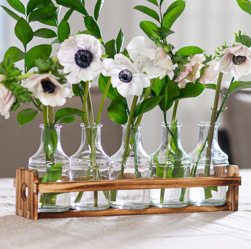 Le'raze Glass Flower Vase with Wooden Holder, Set of 6 Rectangular Bud Vases for Home Decor, Wedding, Mother's Day, Clear Glass, Metal Stand - Image 1