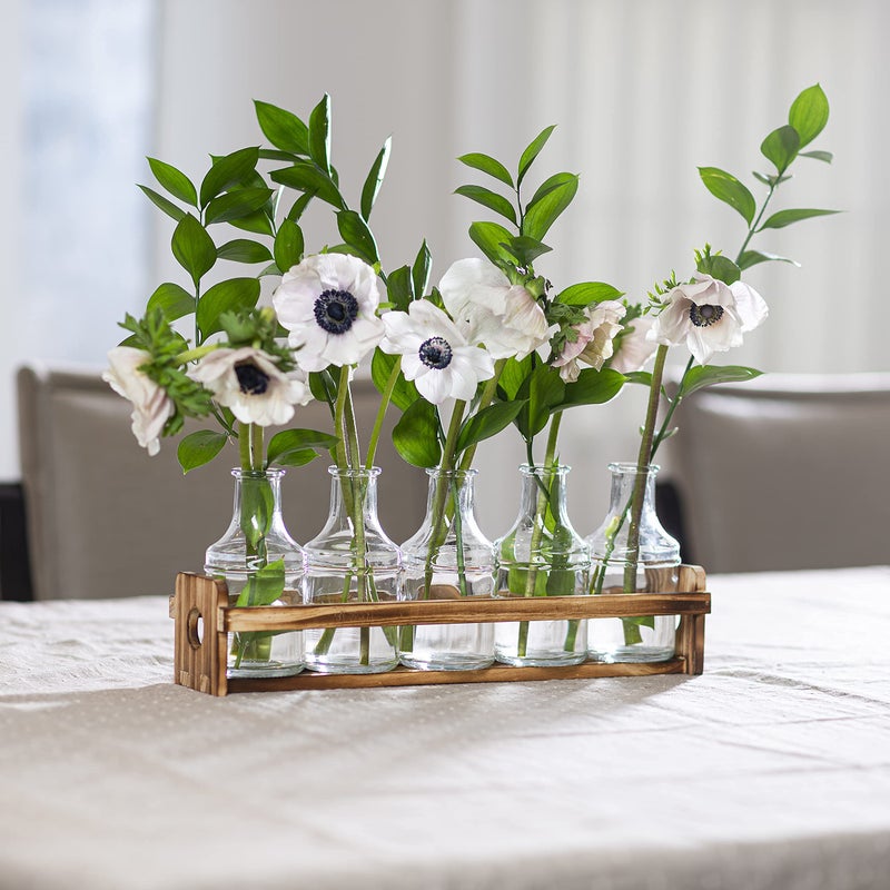 Le'raze Glass Flower Vase with Wooden Holder, Set of 6 Rectangular Bud Vases for Home Decor, Wedding, Mother's Day, Clear Glass, Metal Stand - Image 5