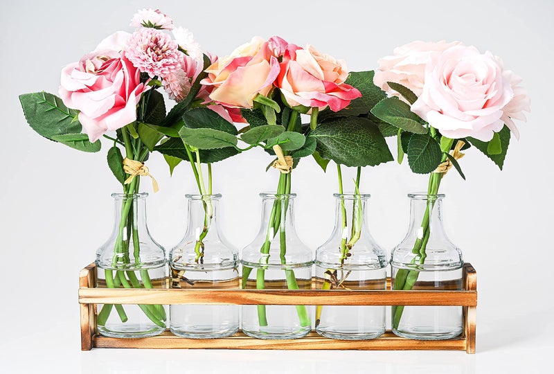 Le'raze Glass Flower Vase with Wooden Holder, Set of 6 Rectangular Bud Vases for Home Decor, Wedding, Mother's Day, Clear Glass, Metal Stand - Image 4