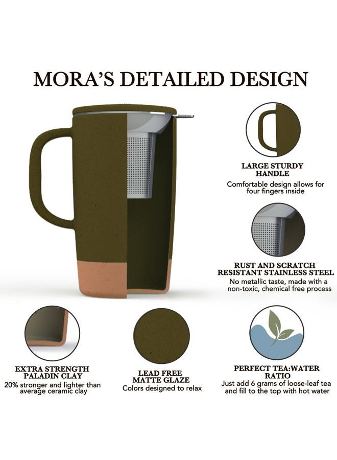 Mora Ceramics Large Tea Mug with Loose Leaf Infuser and Ceramic Lid, 18 oz, Portable, Microwave and Dishwasher Safe, Tall Coffee Cup - Rustic Matte Ceramic Glaze, Modern Herbal Tea Strainer, Olive - Image 2