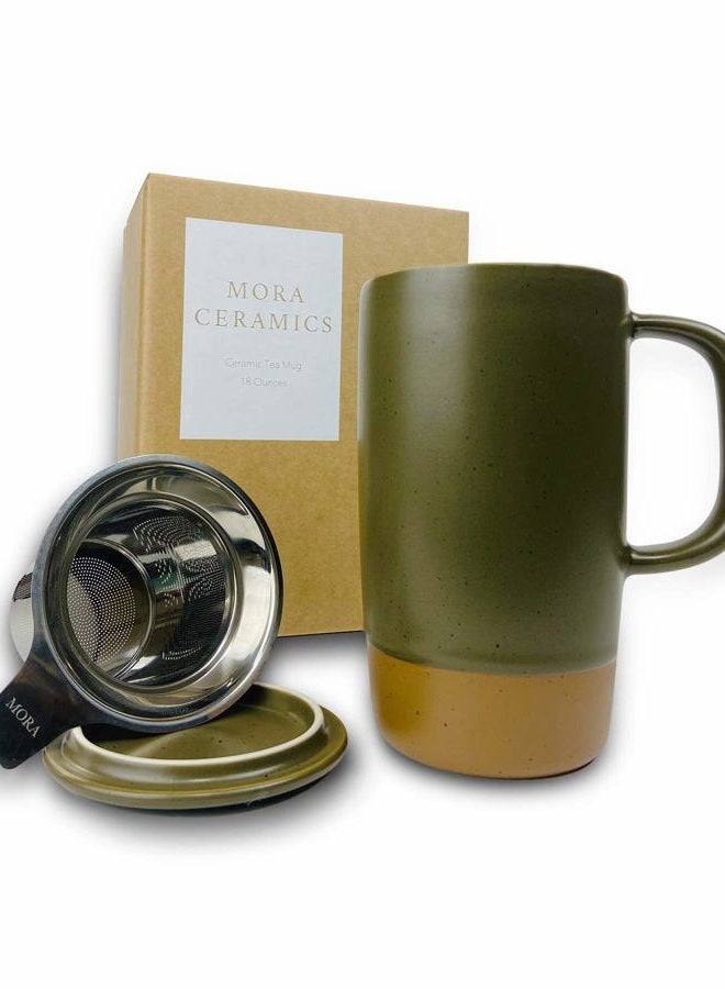 Mora Ceramics Large Tea Mug with Loose Leaf Infuser and Ceramic Lid, 18 oz, Portable, Microwave and Dishwasher Safe, Tall Coffee Cup - Rustic Matte Ceramic Glaze, Modern Herbal Tea Strainer, Olive - Image 1