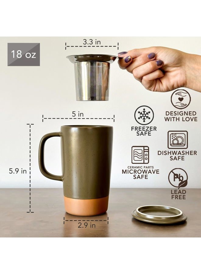 Mora Ceramics Large Tea Mug with Loose Leaf Infuser and Ceramic Lid, 18 oz, Portable, Microwave and Dishwasher Safe, Tall Coffee Cup - Rustic Matte Ceramic Glaze, Modern Herbal Tea Strainer, Olive - Image 3
