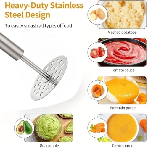 RIANZ® Stainless Steel Potato Masher for Kitchen, 304 Steel Heavy‑Duty Hand Masher with Ergonomic Handle, Rust‑Proof, Dishwasher Safe – Smash Potatoes, Veggies, Guacamole, Sauces & Purees (Grey) - Image 2