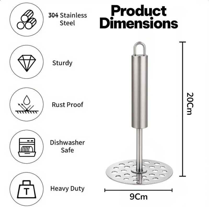 RIANZ® Stainless Steel Potato Masher for Kitchen, 304 Steel Heavy‑Duty Hand Masher with Ergonomic Handle, Rust‑Proof, Dishwasher Safe – Smash Potatoes, Veggies, Guacamole, Sauces & Purees (Grey) - Image 3