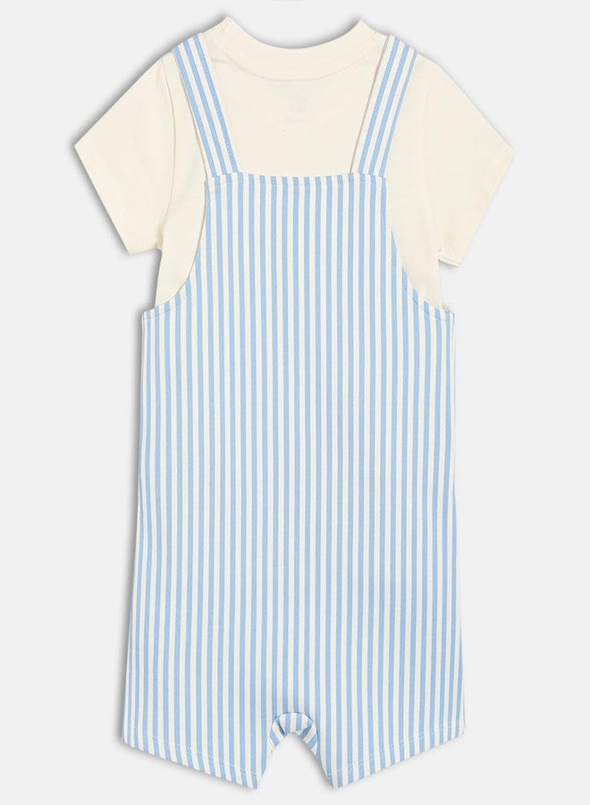 miniklub Cotton Half Sleeves Striped Dungaree Set,Pack of 2,Cream & Blue(18-24M) - Image 2