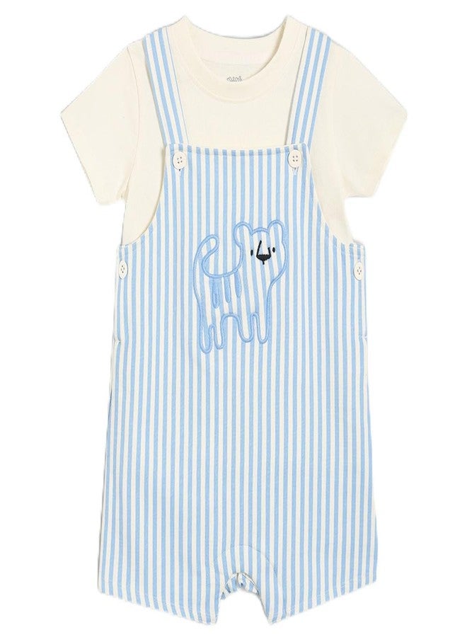 miniklub Cotton Half Sleeves Striped Dungaree Set,Pack of 2,Cream & Blue(18-24M) - Image 1