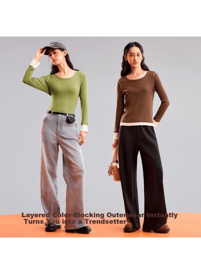 Youkeshu Women's Base Shirt Versatile Color-block 10a Antibacterial Anti-static Thermal Inner Top - Image 2